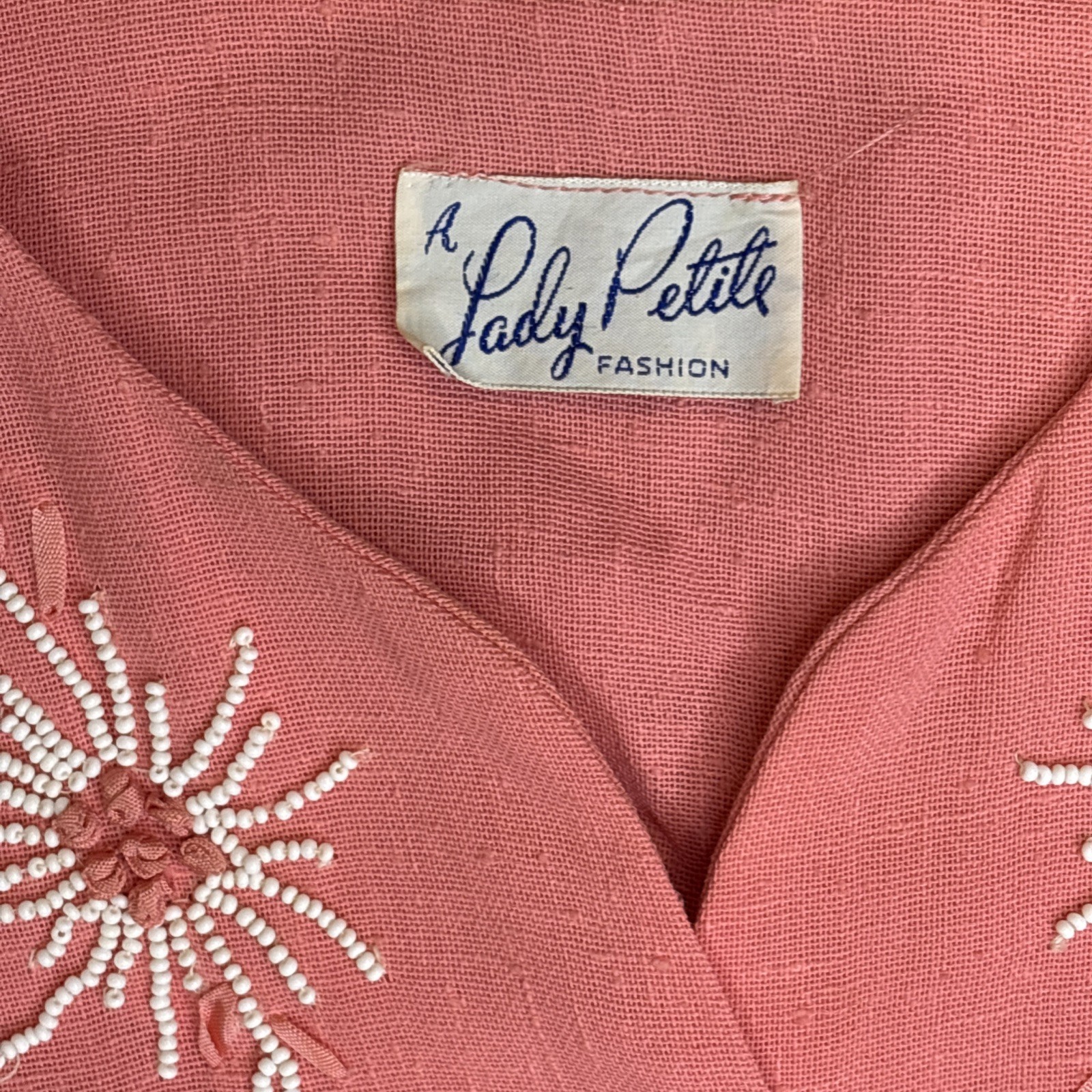 Vtg 1960s Pink Linen Rayon Dress Hand Beaded Embroidered Lady Petite 18 1/2