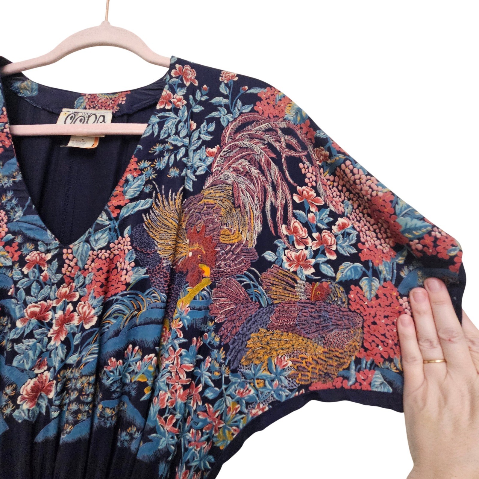 Vintage 80s Oops California Rayon Floral Rooster Midi Dress Navy Dolman Boho 5/6