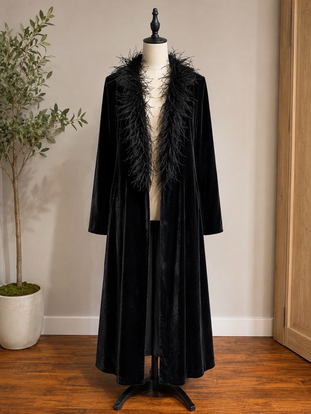 Vintage Y2K Patra XL Velvet Opera Coat Ostrich Feather Trim Long Evening Duster