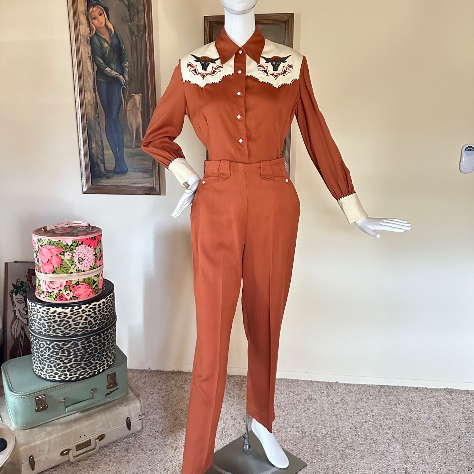 Vtg 1940s Embroidered Ranch Maid Western Wear 2 PC Shirt Pants Suit Rockabilly S
