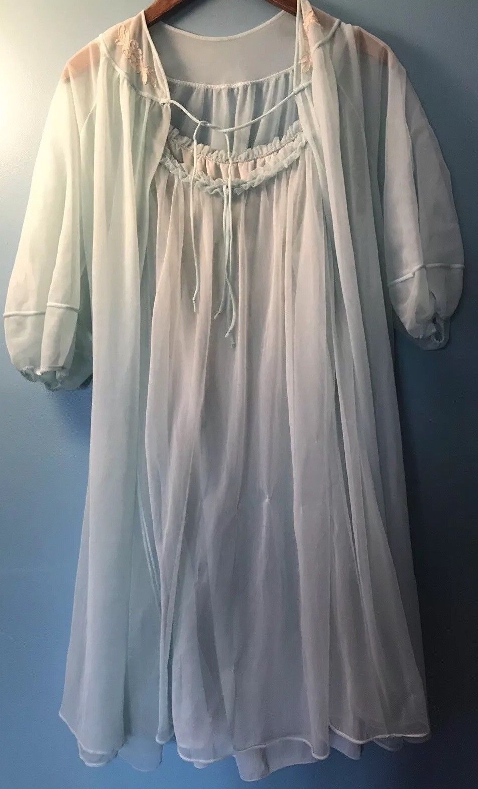 Vtg CHIFFON PEIGNOIR NIGHTGOWN BRIDAL SET LISETTE SM Blue Sissy Shear Lingerie
