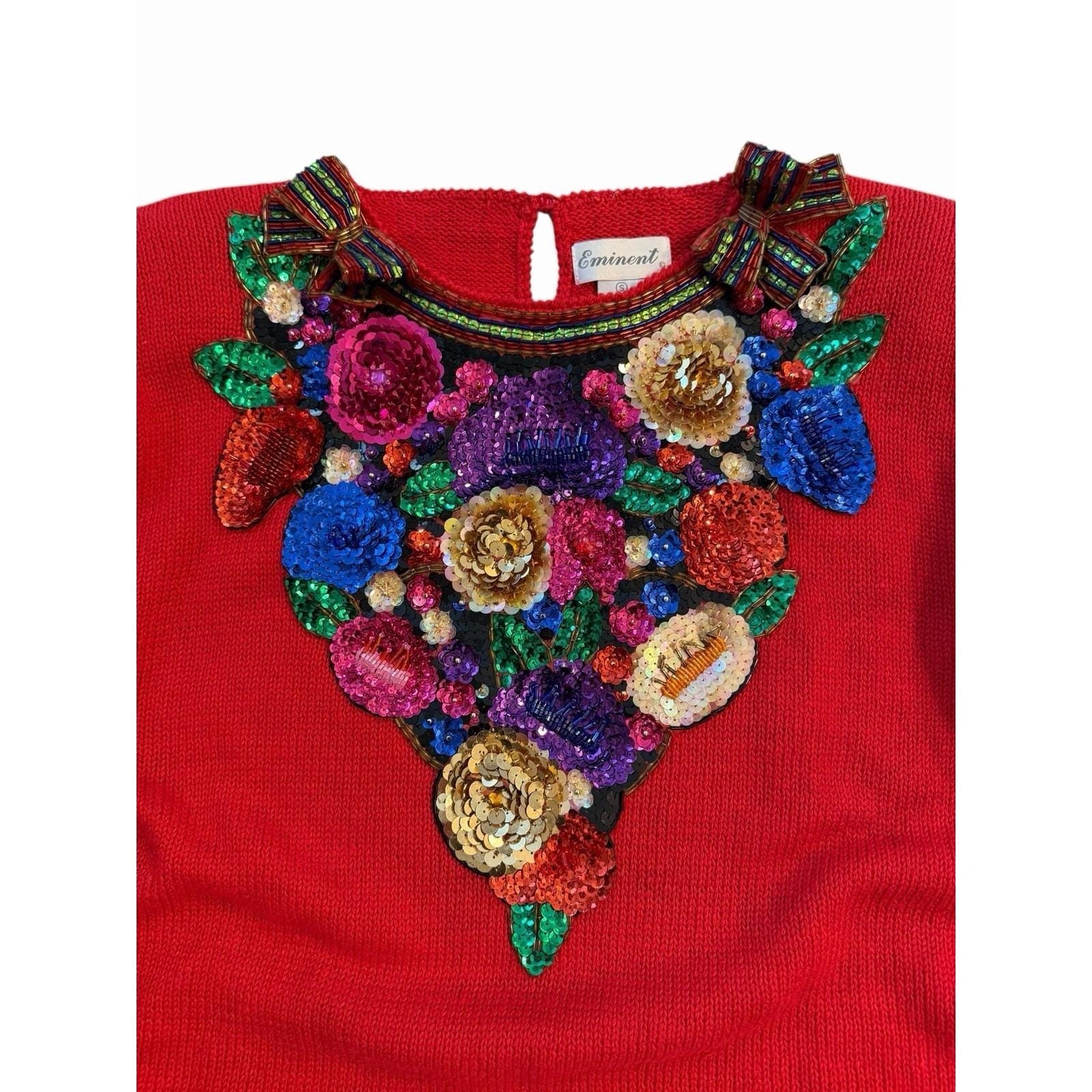 Vintage Eminent 80s Beaded Sweater S Red 3D Sequin Floral Statement Glam Top
