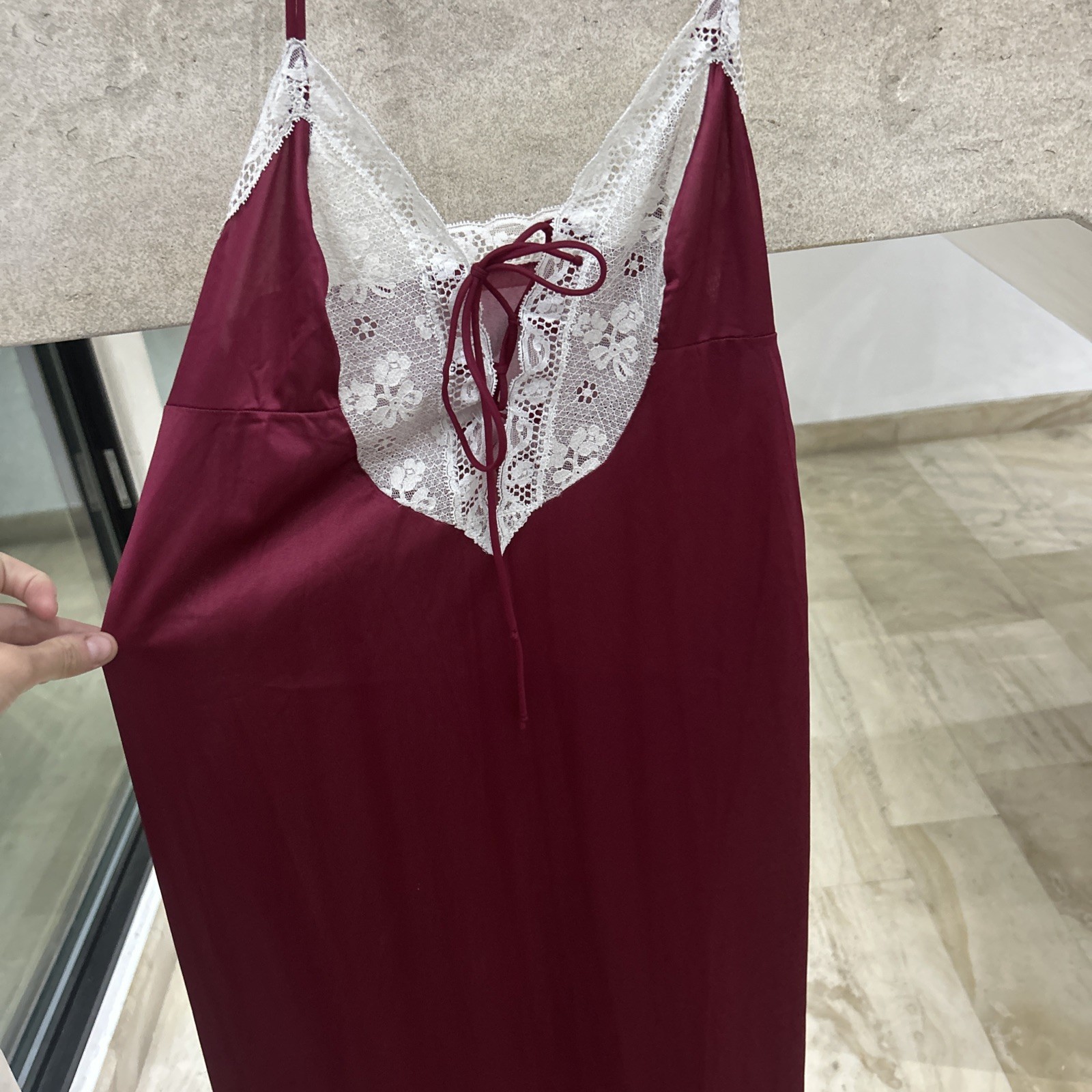VINTAGE Vasarette Red Satin Long Nightgown Dress Lace Rossette Nightie Lingerie
