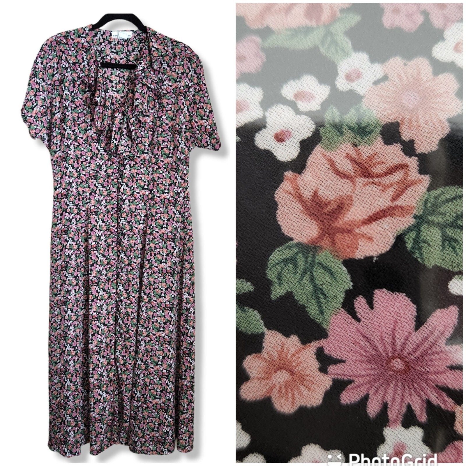 Vintage 90s Pink Floral sz 12 Ruffle Collar Romantic Tea Dress Midi cottagecore