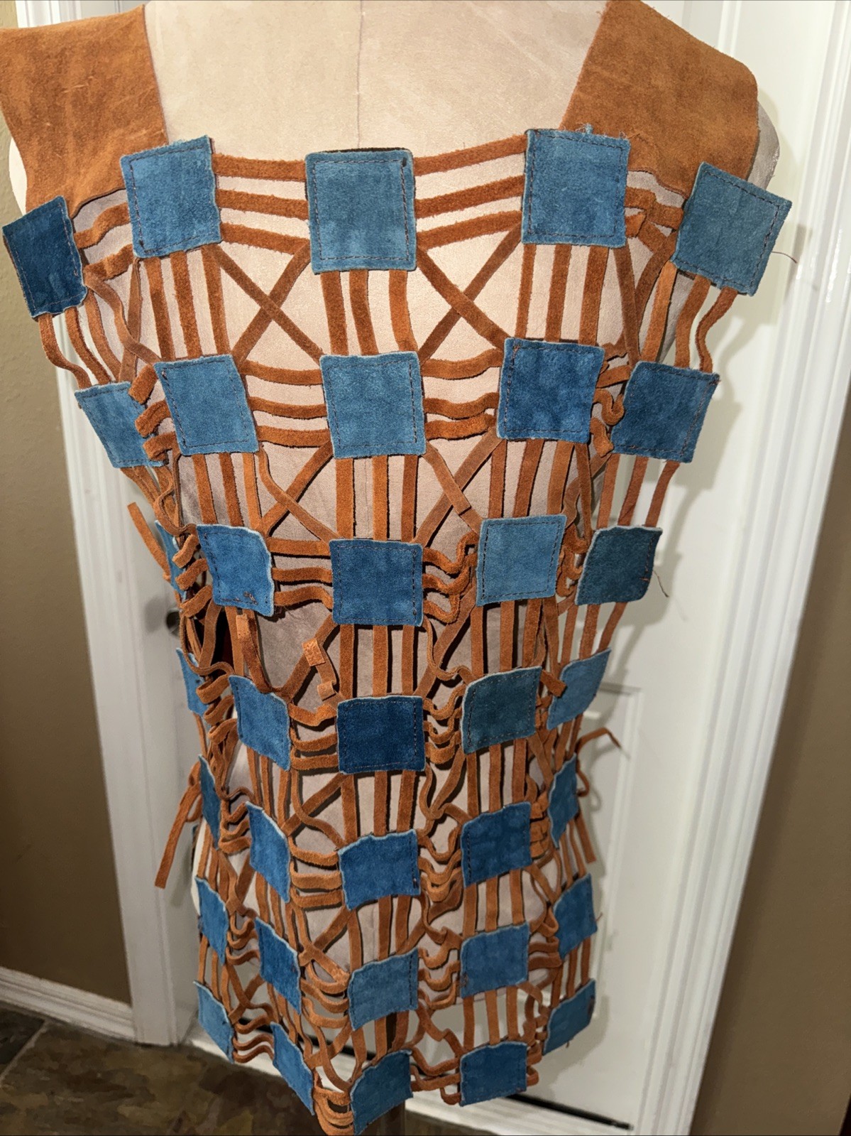Vintage 70’s Hippie Suede Leather Cut Squares Blue & Brown Vest Made In Mexico