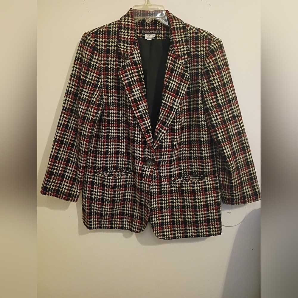 VTG Savannah Women’s Houndstooth Blazer – Red, Black, and Cream 70 % Wool S 12P
