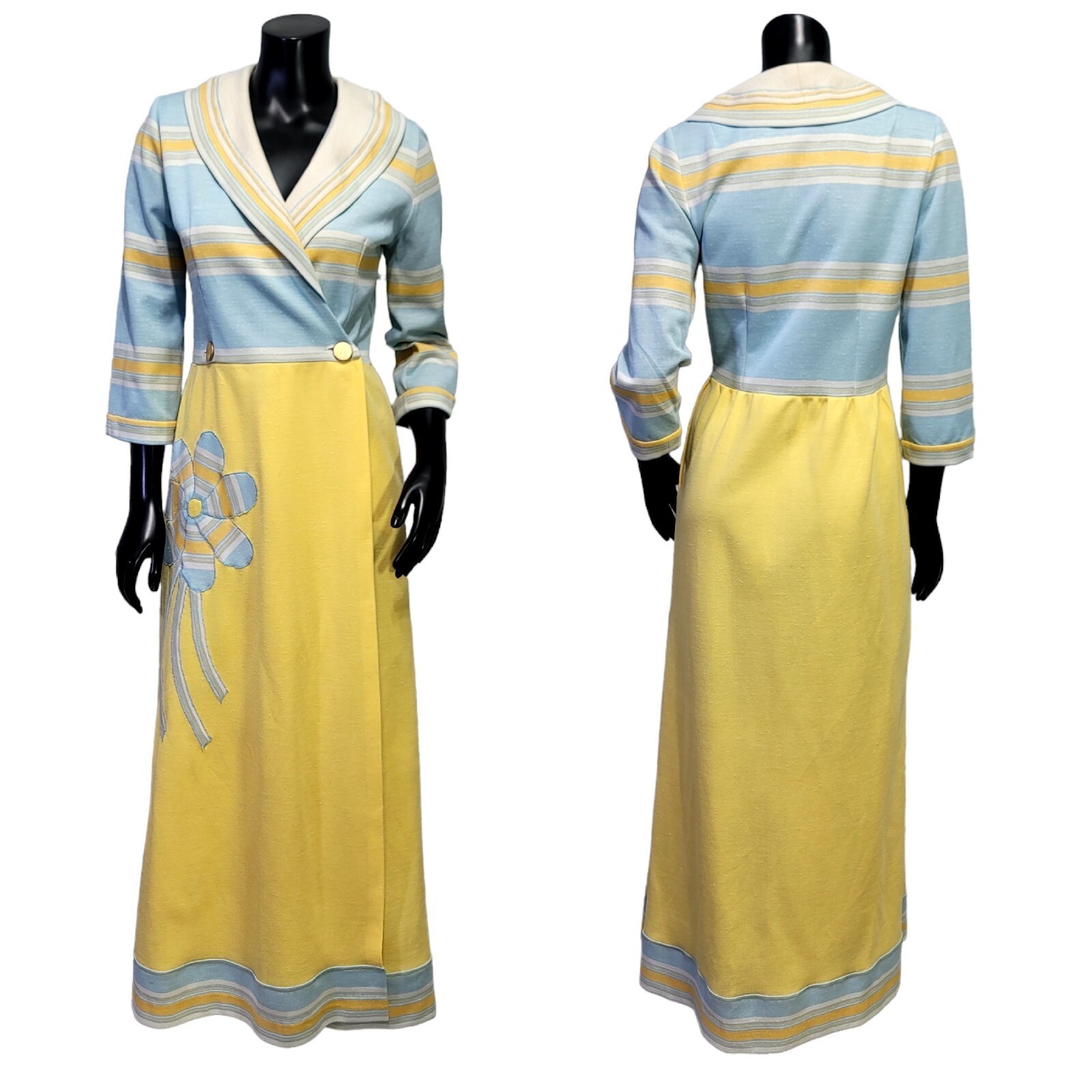 Vintage 60s 70s Maxi Dress Yellow Blue Striped Floral Applique Shawl Collar Mod