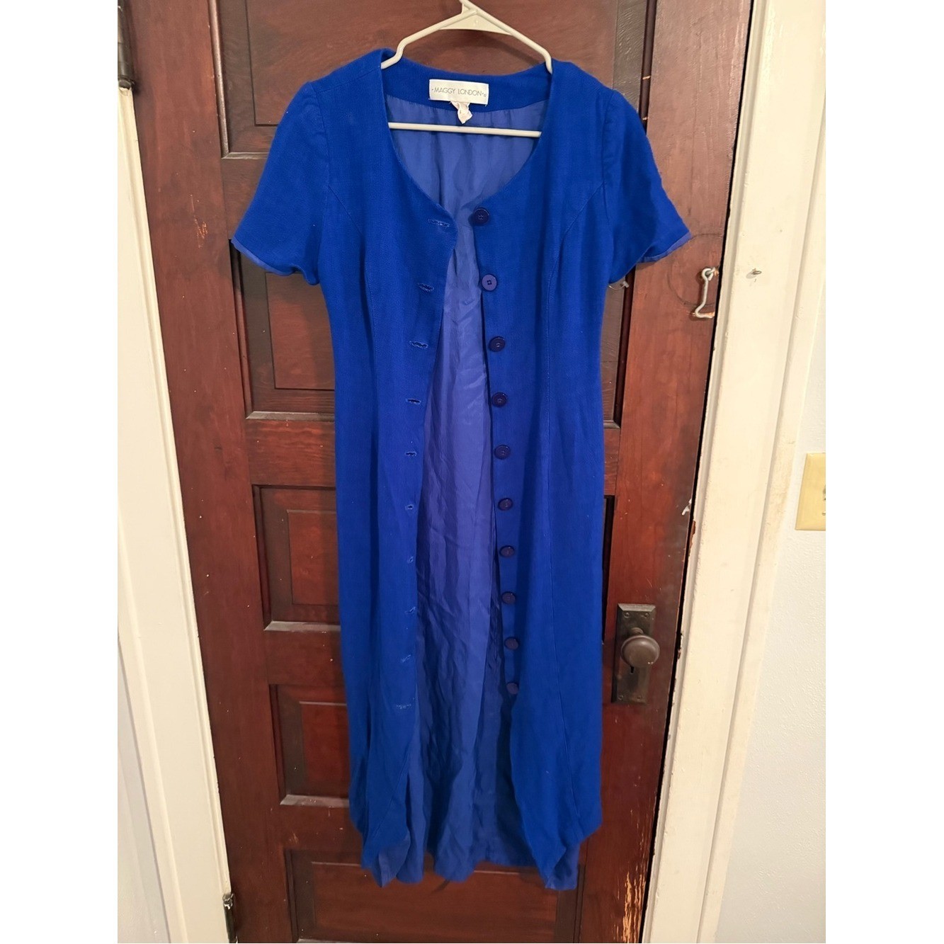 Maggy London Cobalt Blue Button-Front Vintage Linen blend Midi Dress