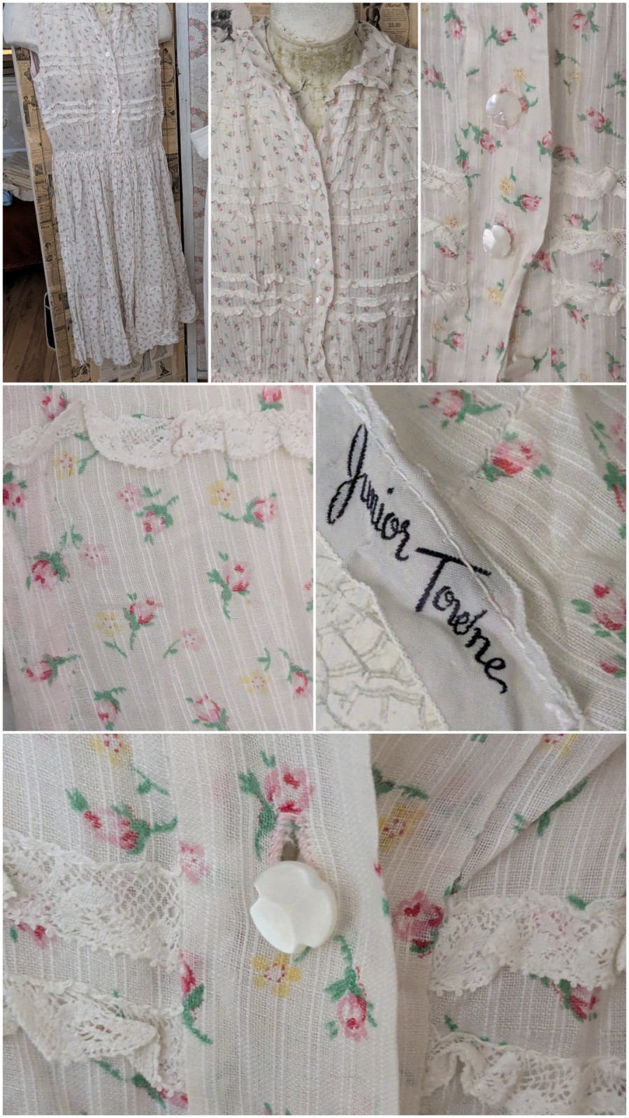 Vintage 1940s Dress Cotton Tiny Rosebuds Dimity Fabric Shabby Chic Prairie