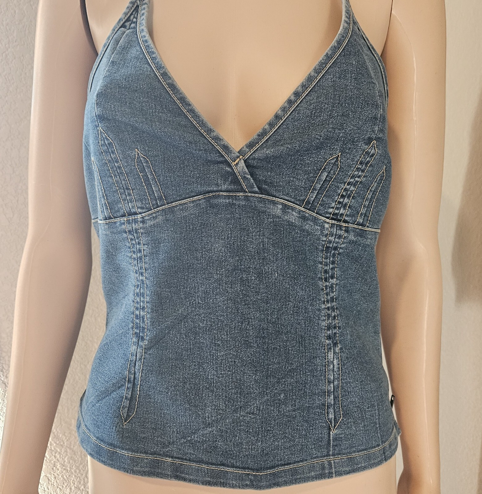 Vintage Y2K Denim Halter Top Side Brass Zipper European Size 38 Boho Western