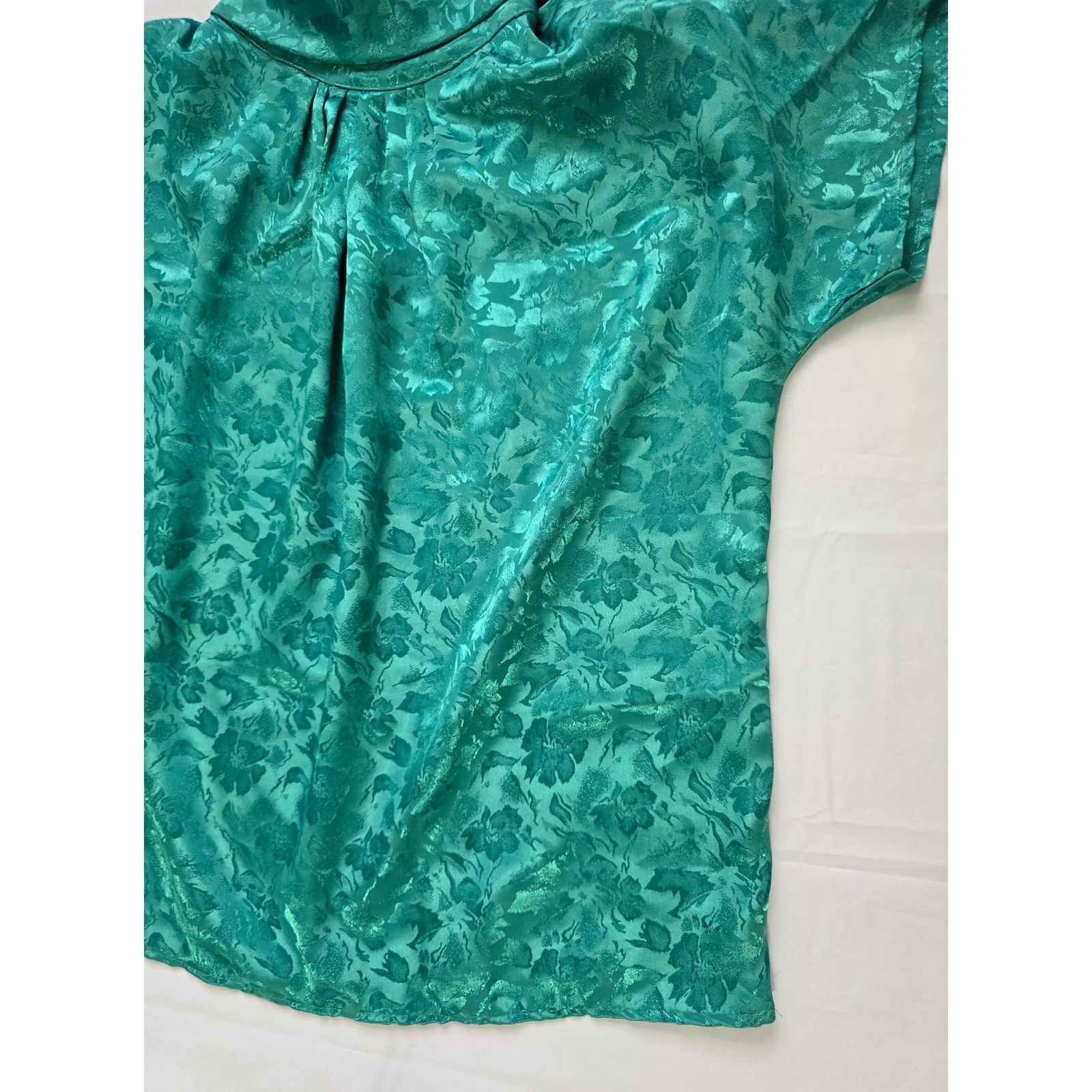 Cindy Collins Vintage Emerald Green Floral Jacquard Mock Neck Blouse Large USA