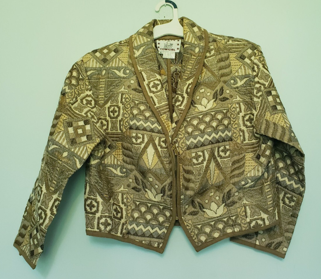 Vtg Crazy Cowgirl Womens XL Jacket Cropped Zip Tapestry Western Coastal Shawl