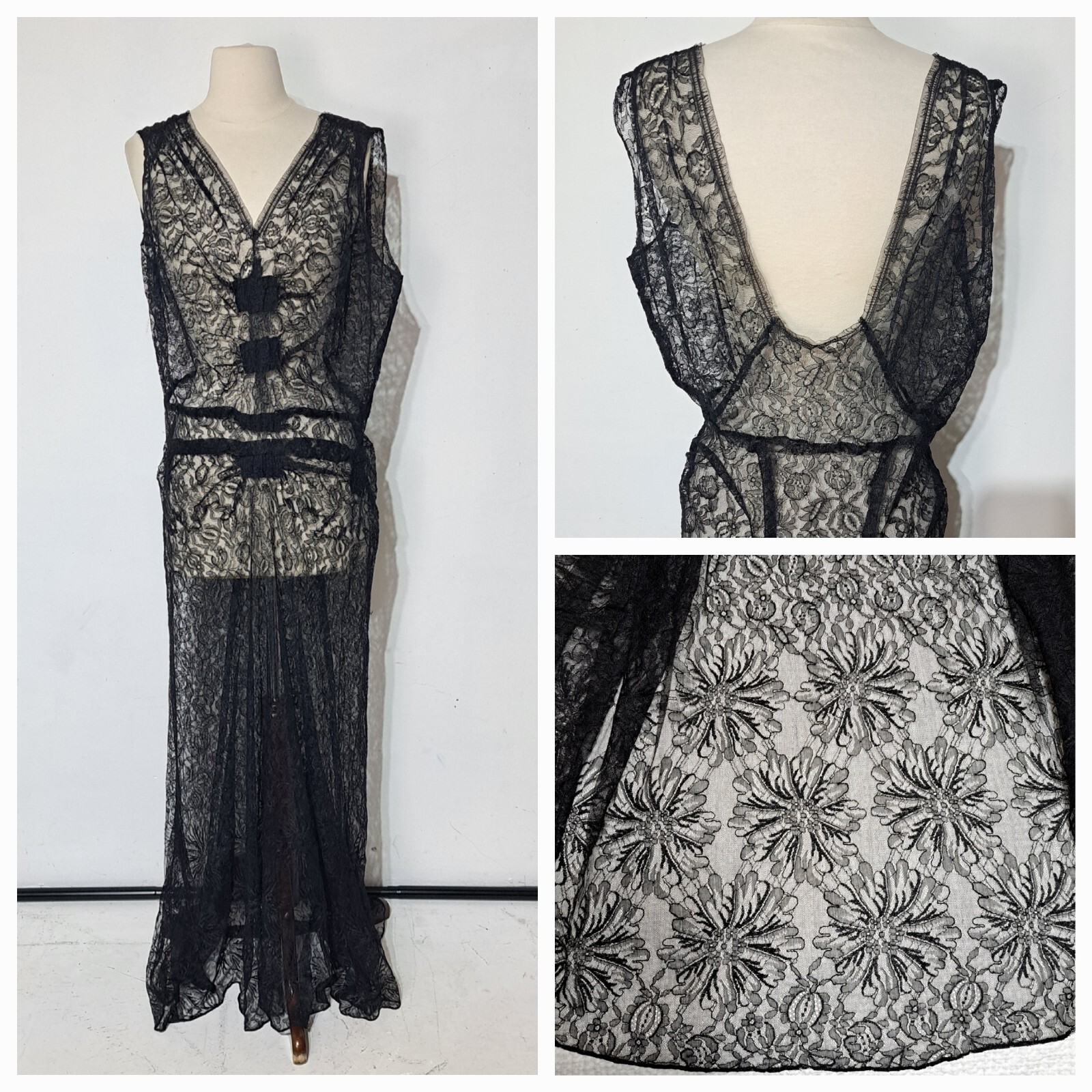 Vintage 1930s Black Floral Lace Party Evening Dress Low Back Art Deco Sz M/L
