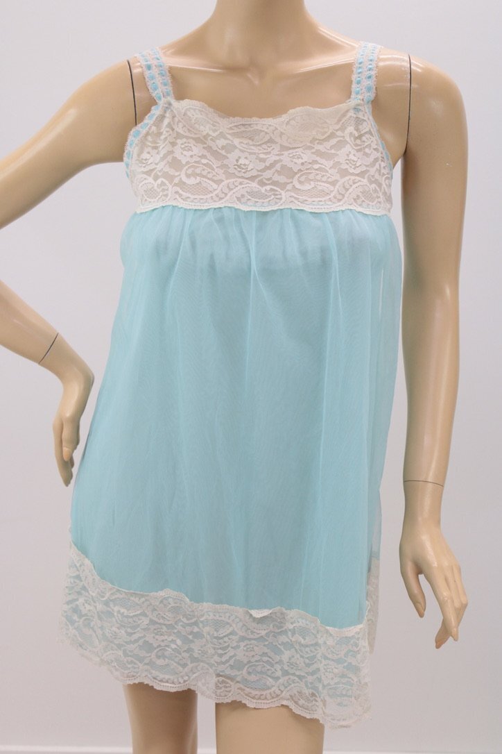 Vintage NWT Avian Nightie S Nightgown Double Nylon Blue Chiffon Lace Trim Flawed