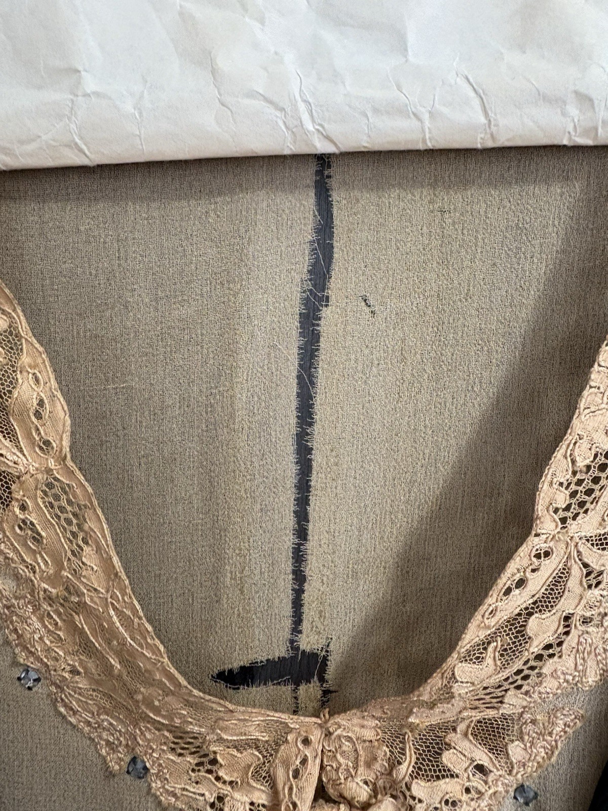 Black Ivory Lace Silk Mesh Sheer Beaded Late 1920s Flapper Dress Antique FLAWS