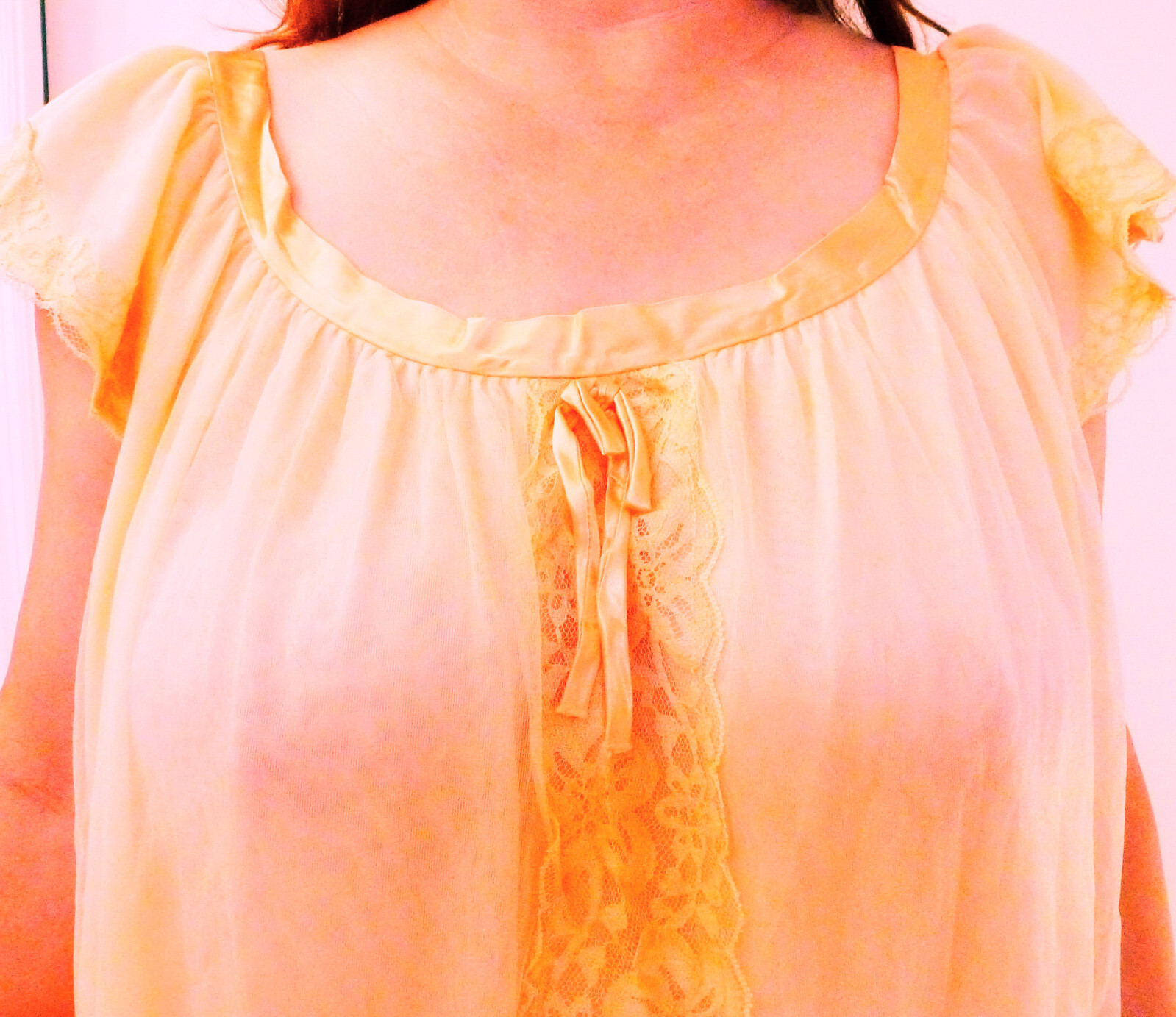 ERICA-LOREN VTG PINK DOUBLE LAYER GENEROUS LACY ACCENT CHIFFON NIGHTGOWN L XL EC
