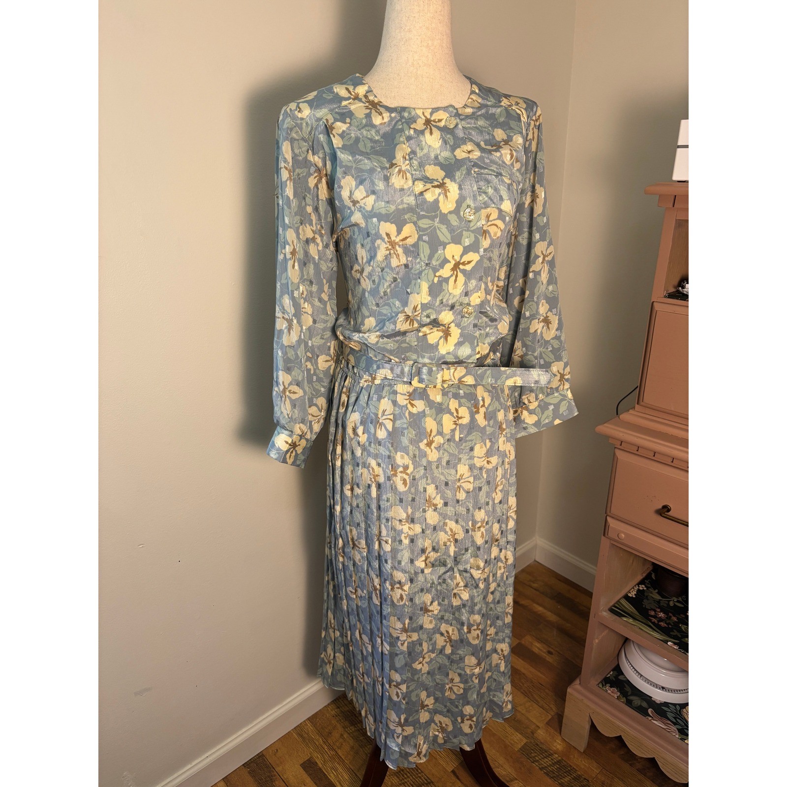 Vintage Damon Dress Floral Midi Blue Cottagecore Belted Prairie Romantic USA