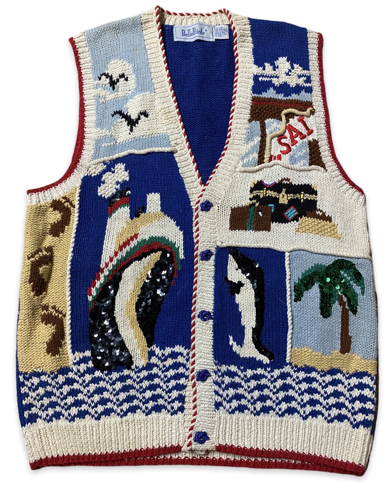 Vtg BellePointe Women’s Cruise Ship Travel Sweater Vest Whale Sequins Sz XL