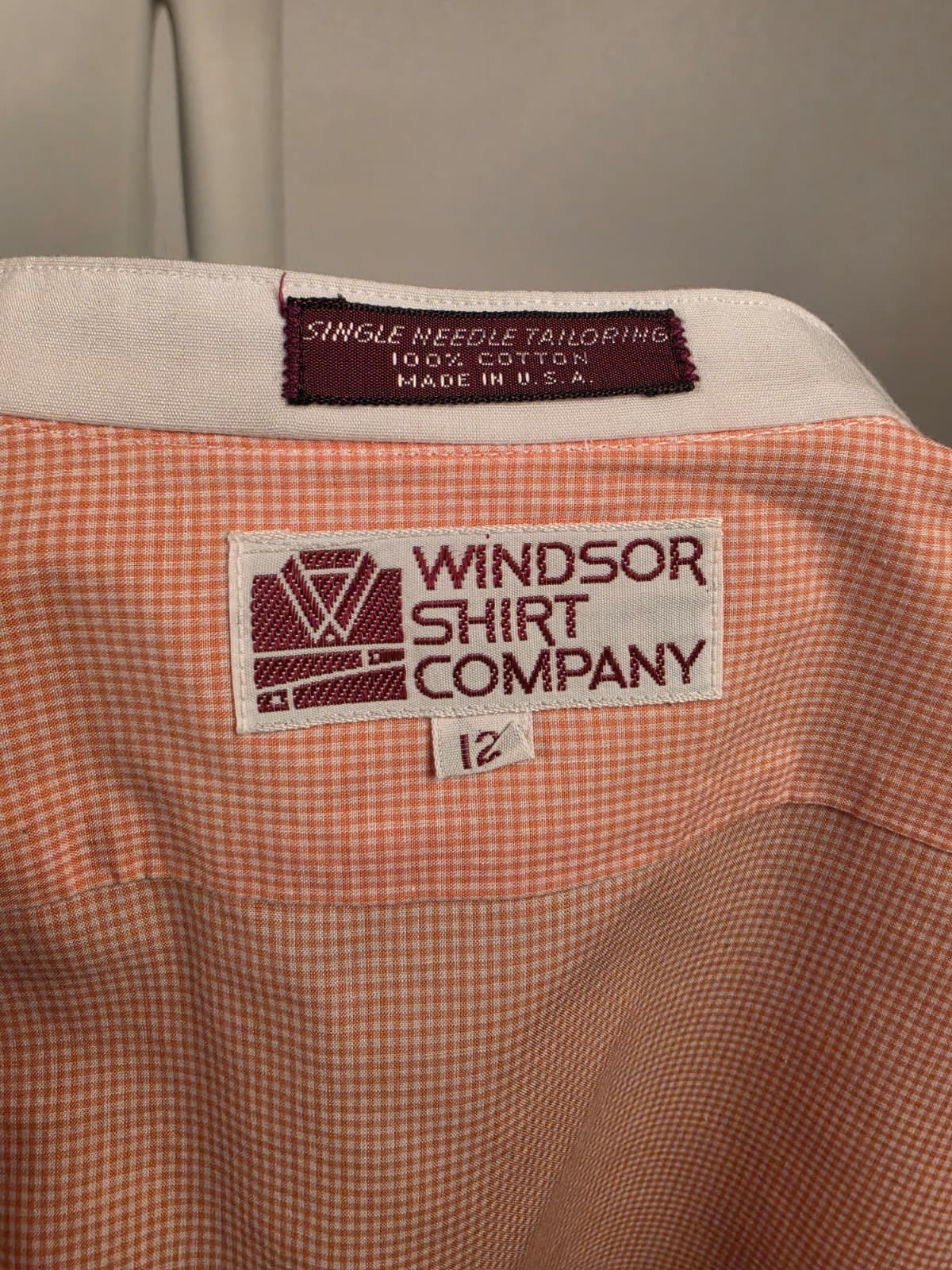 VINTAGE EARLY 1980’S PEACH CHECK COTTON SHIRT W WHITE BAND COLLAR