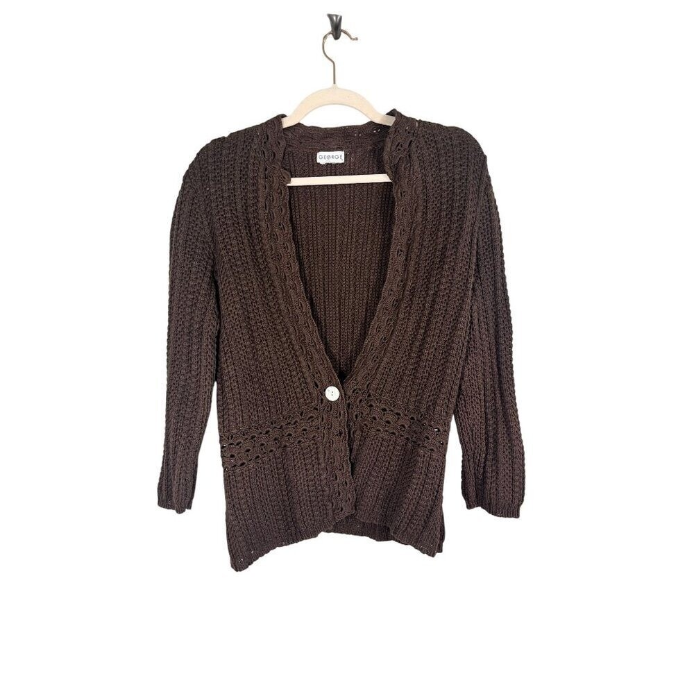 Retro Knit Sweater M Brown Floral Scalloped Classic Boho Western Hippie Indie