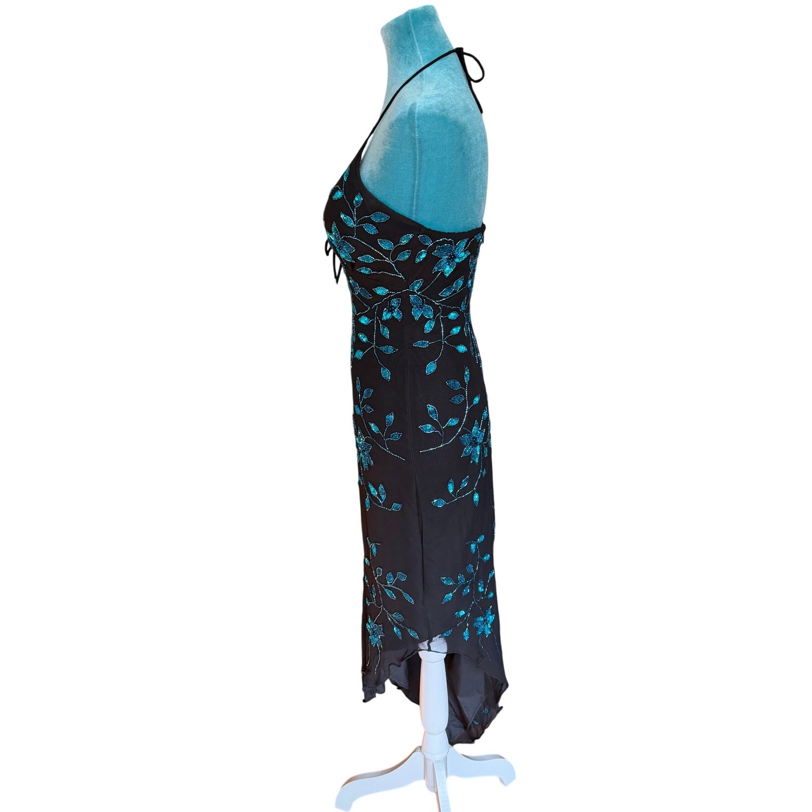Cache Womens Silk Halter Maxi Black Teal Sequin Beaded Prom Fairy