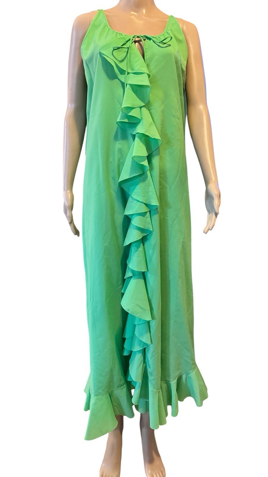 VTG Lala’s ORIGINALS CALIFORNIA Green Nylon Ruffle S Nightgown robe-Coverup