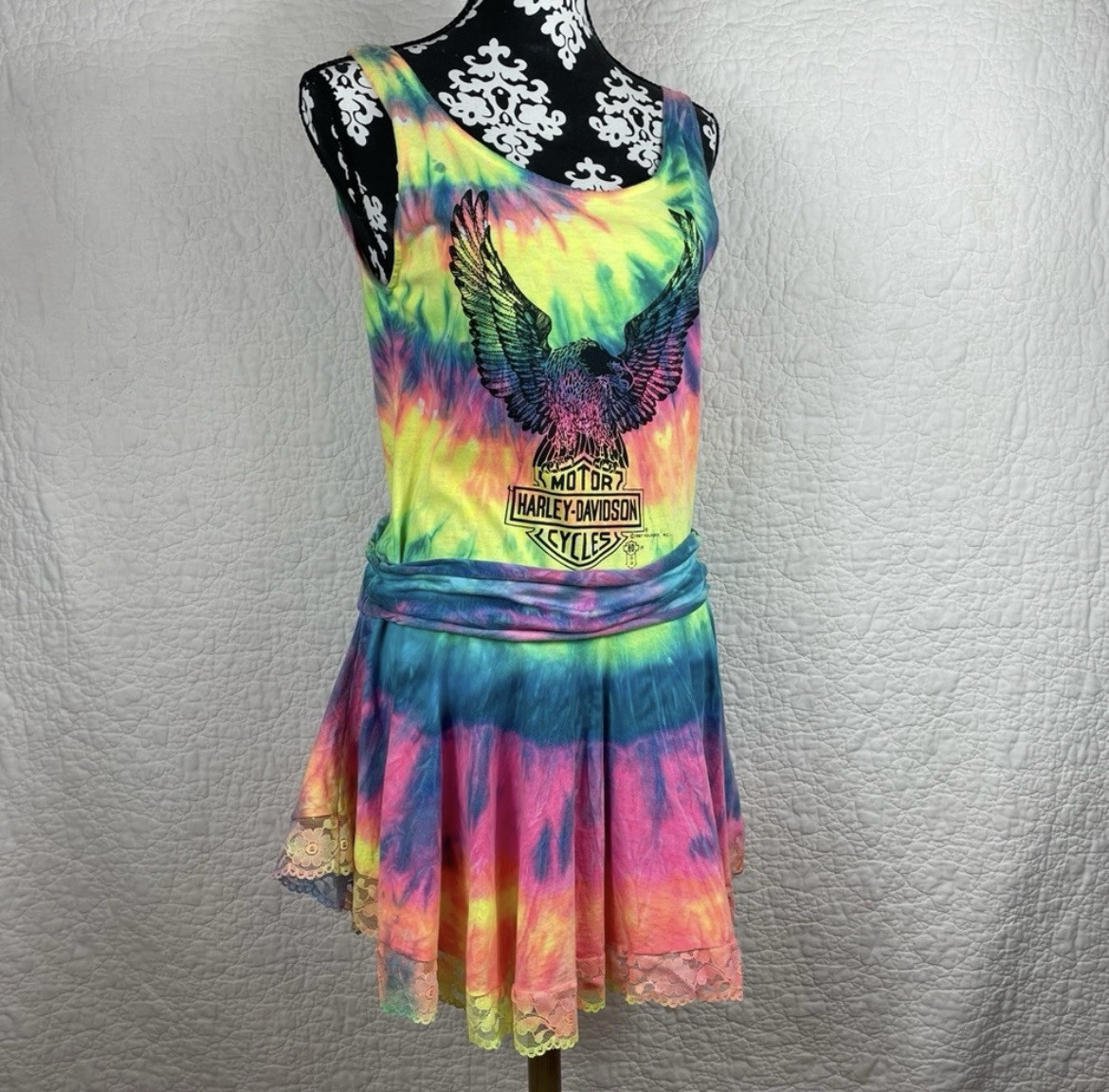 RARE VTG Harley Davidson Dress 1987 Holoubek Tie Dye Grunge Mini Flare Dress
