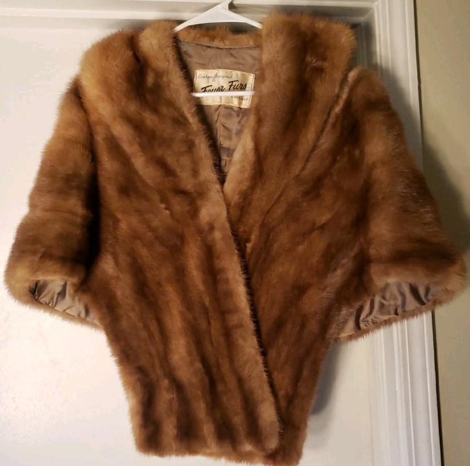 Feuer Furs Chicago Custom Mink Fur Caplet Wrap Shawl Jacket with Satin Cherries