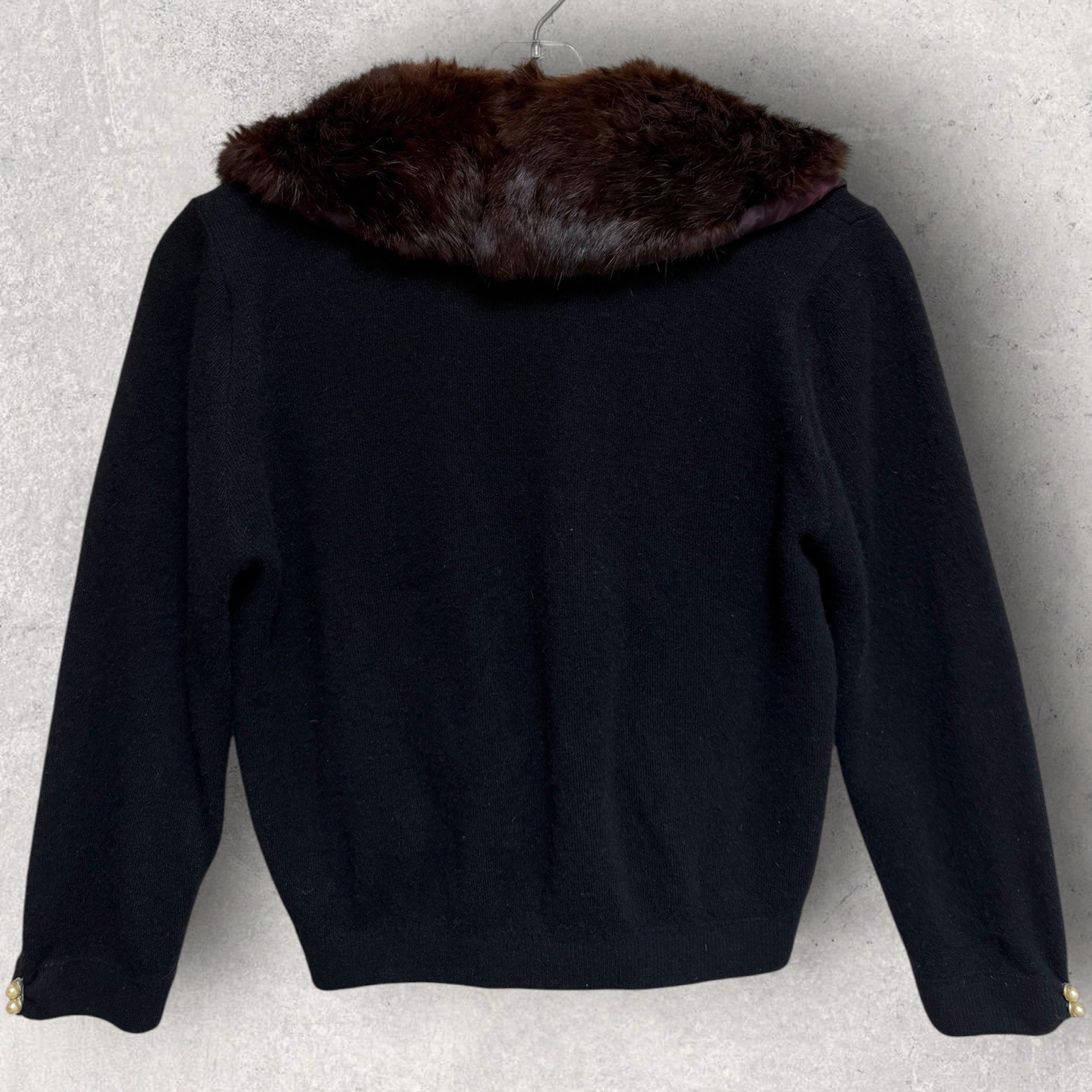 Vtg 50’s Du Pont Orlon Black Cardigan REAL MINK FUR Collar & Pearl Buttons S/M