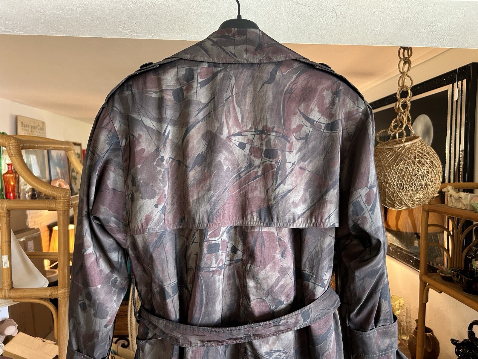 Vintage 90s London Fog Women’s 6 Abstract City Camouflage Trench Coat Wool Lined