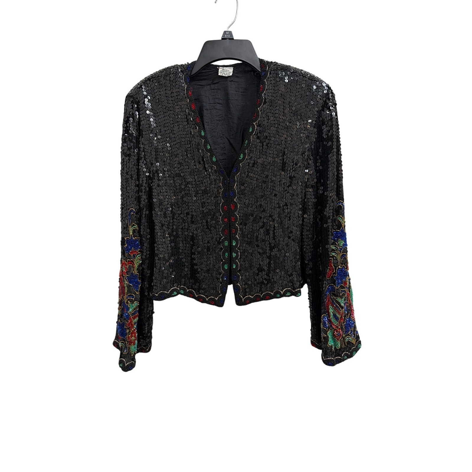 Bolero Sequin Beaded Vintage Womens Medium Black Silk Floral Cropped Jacket