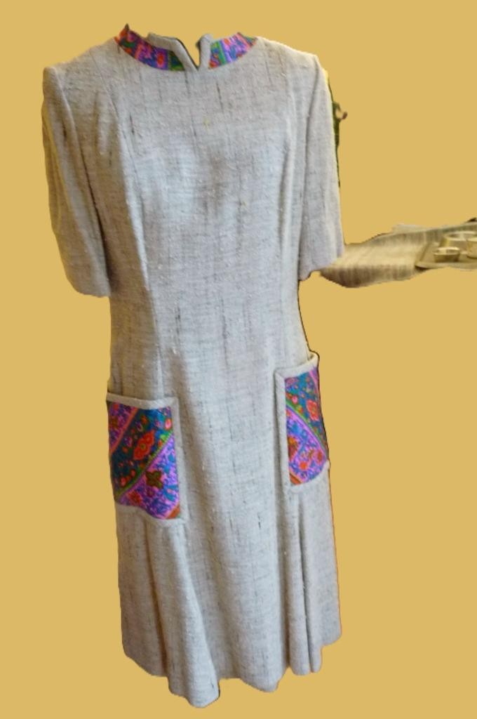 Vintage 60s Vera Maxwell Burlap Mod Column Dress Psychedelic quilted pockets M-L