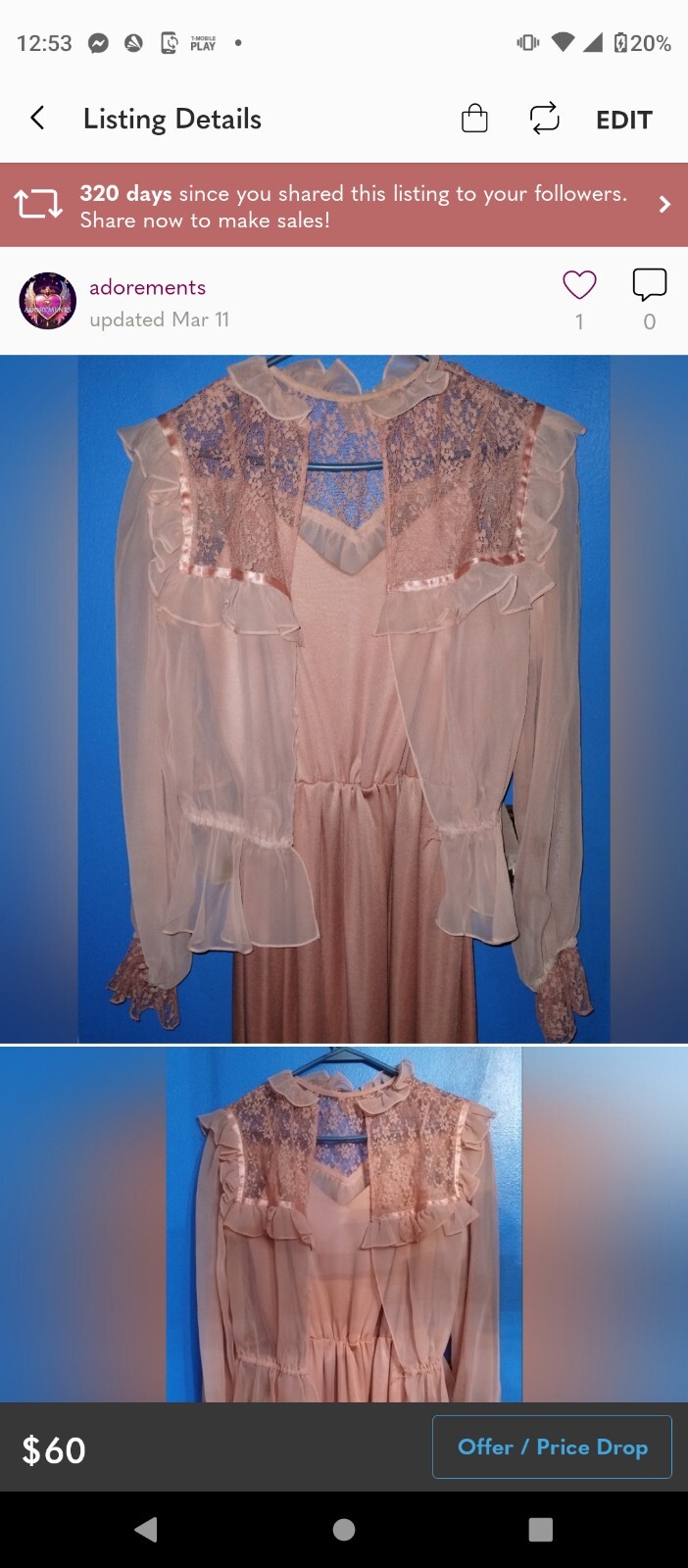 Vtg 1970s Handmade Peach Apricot Lace Ruffle Cottagecore Maxi Dress Sz 4/6 S