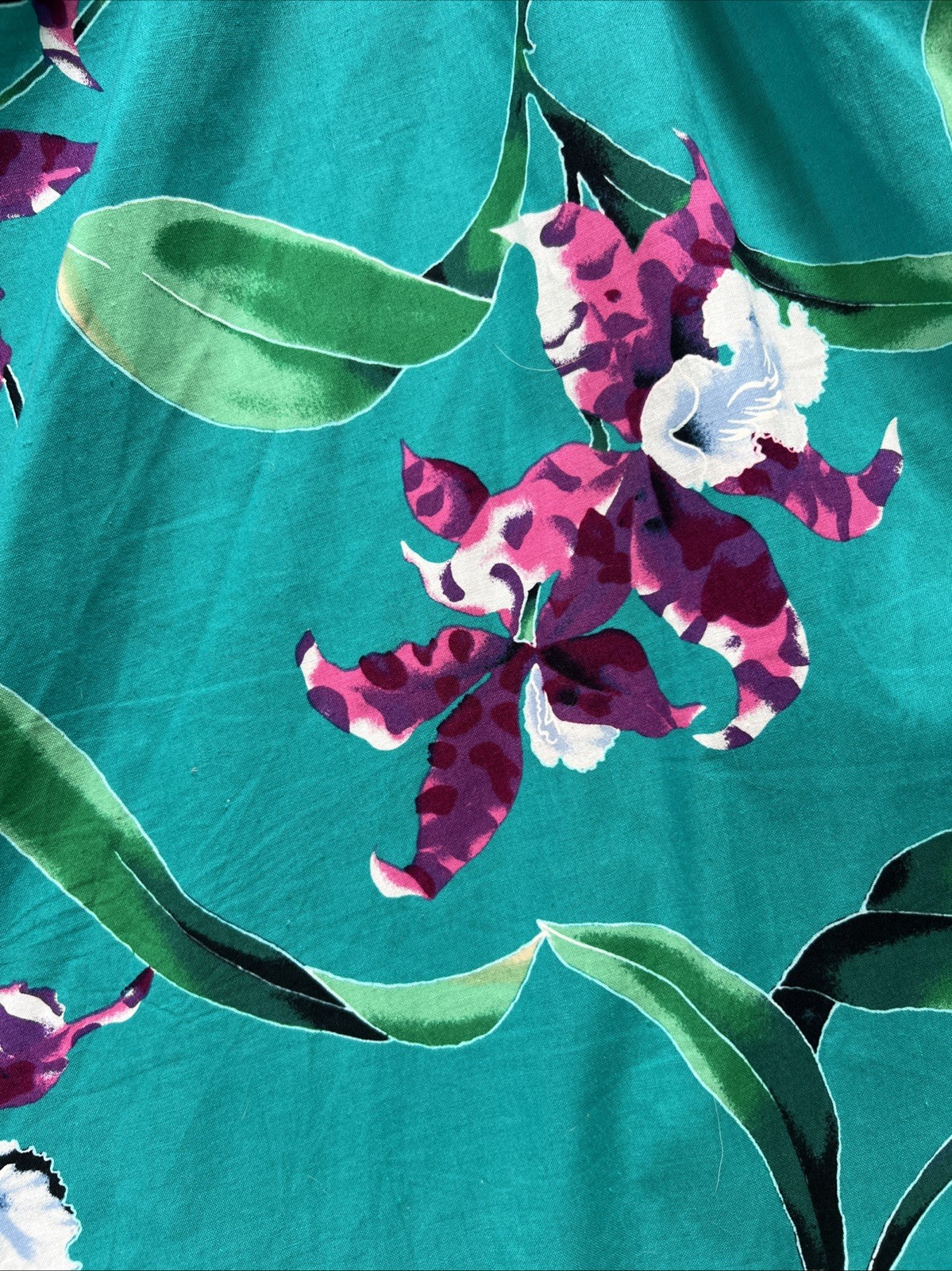 1980s Handmade One Shoulder Hawaiian Dress Teal W/Purple Orchid Flowers Size Sm