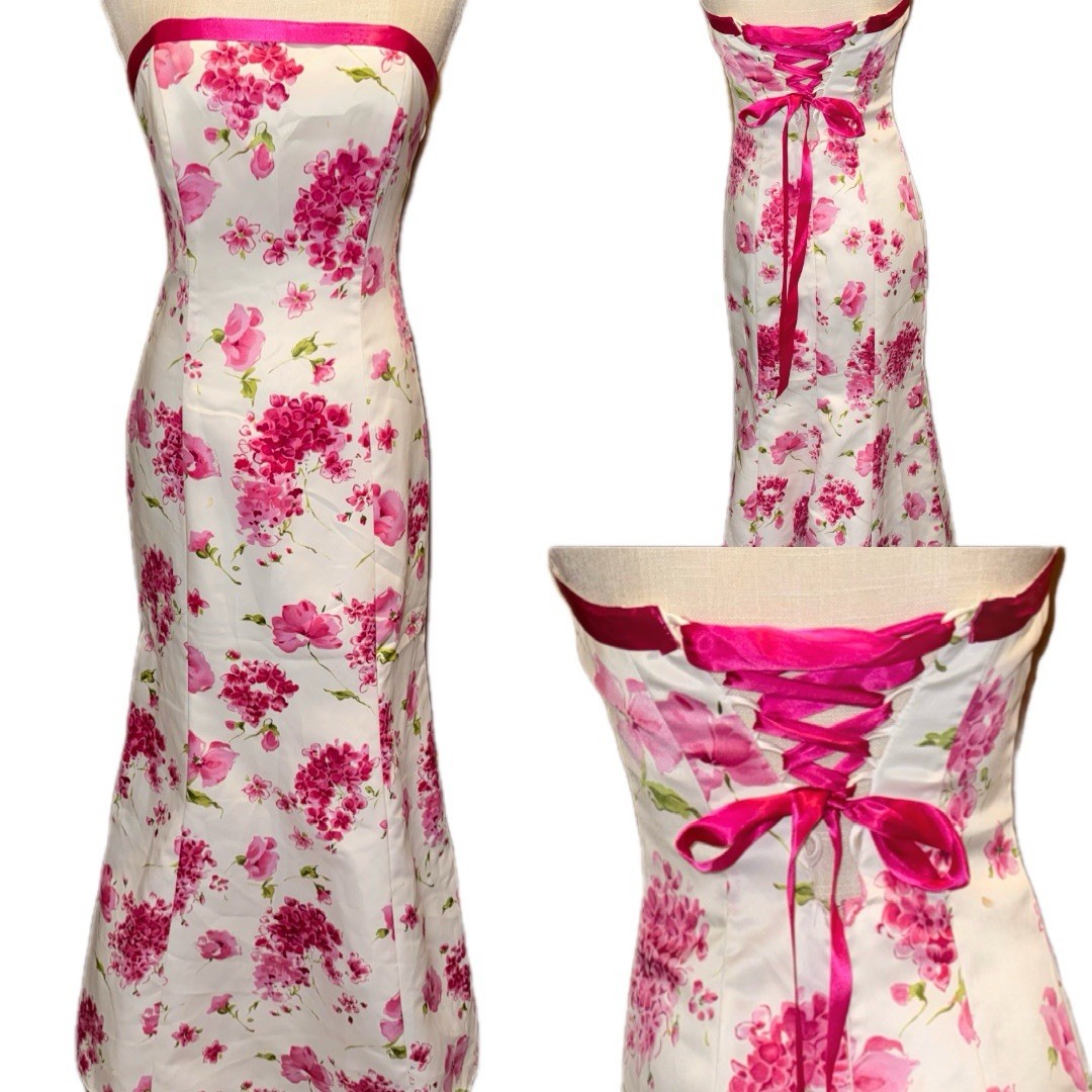 VTG Zum Zum by Niki Livas Floral Corset Back Gown Dress Pink Rose Satin USA S