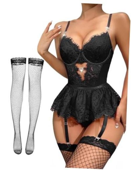 Sexy Stocking Rhinestones Heart Garter Underwire Floral Mesh XX-Large Black