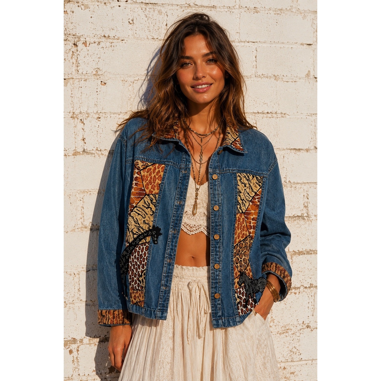 Vintage TanTrums Blue Cotton Denim Patchwork Animal Print Safari Jacket Medium