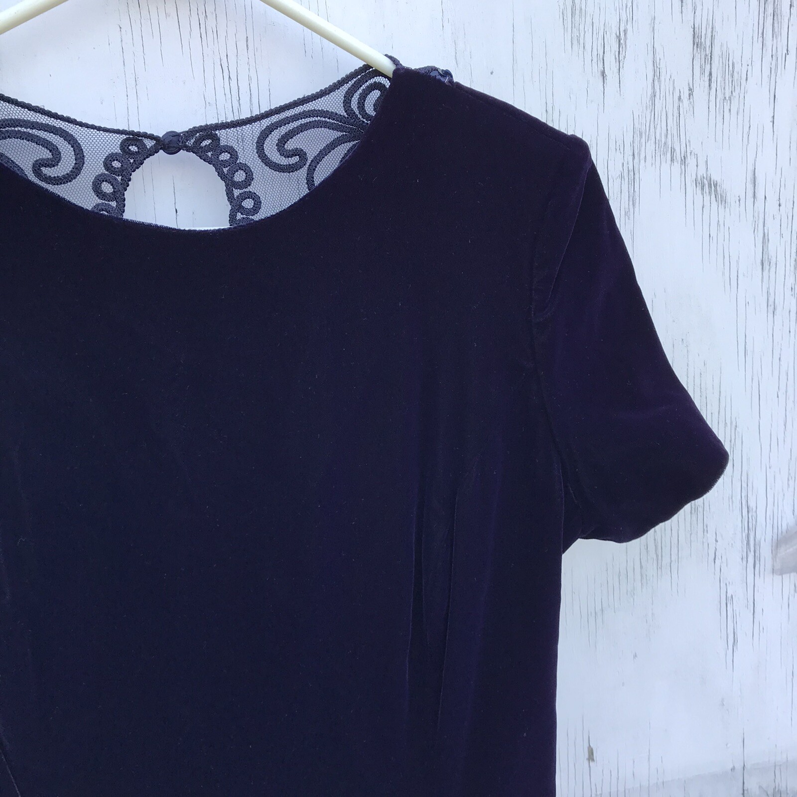 MAGGY LONDON 8 10 Purple VELVET DRESS Mesh Lace Back Vtg 80 90s Vamp Goth Prom