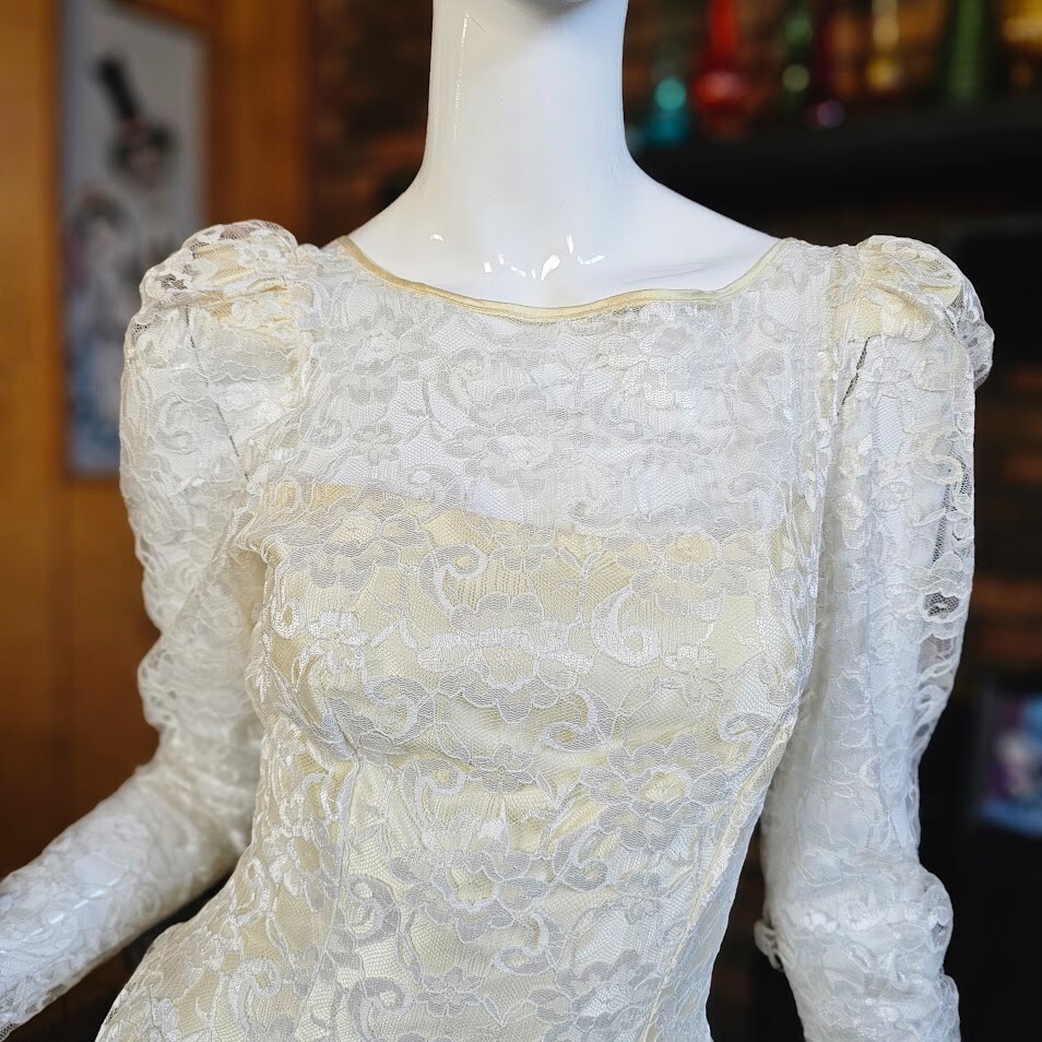 Vtg 80s Victorian Lace Alfred Angelo Illusion White Wedding Puff Dress Gown S