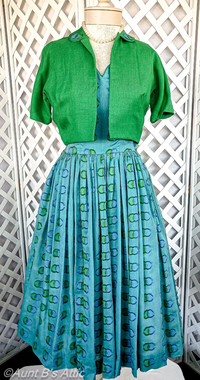 Vintage 50’s Pat Hartly 2Pc Blue/Green Cotton Fray Fabric Tea Length Dress SM