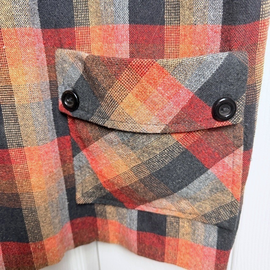 Vintage Womens Plaid Shacket M Pullover Orange Black Flannel Retro 70s 80s Cabin
