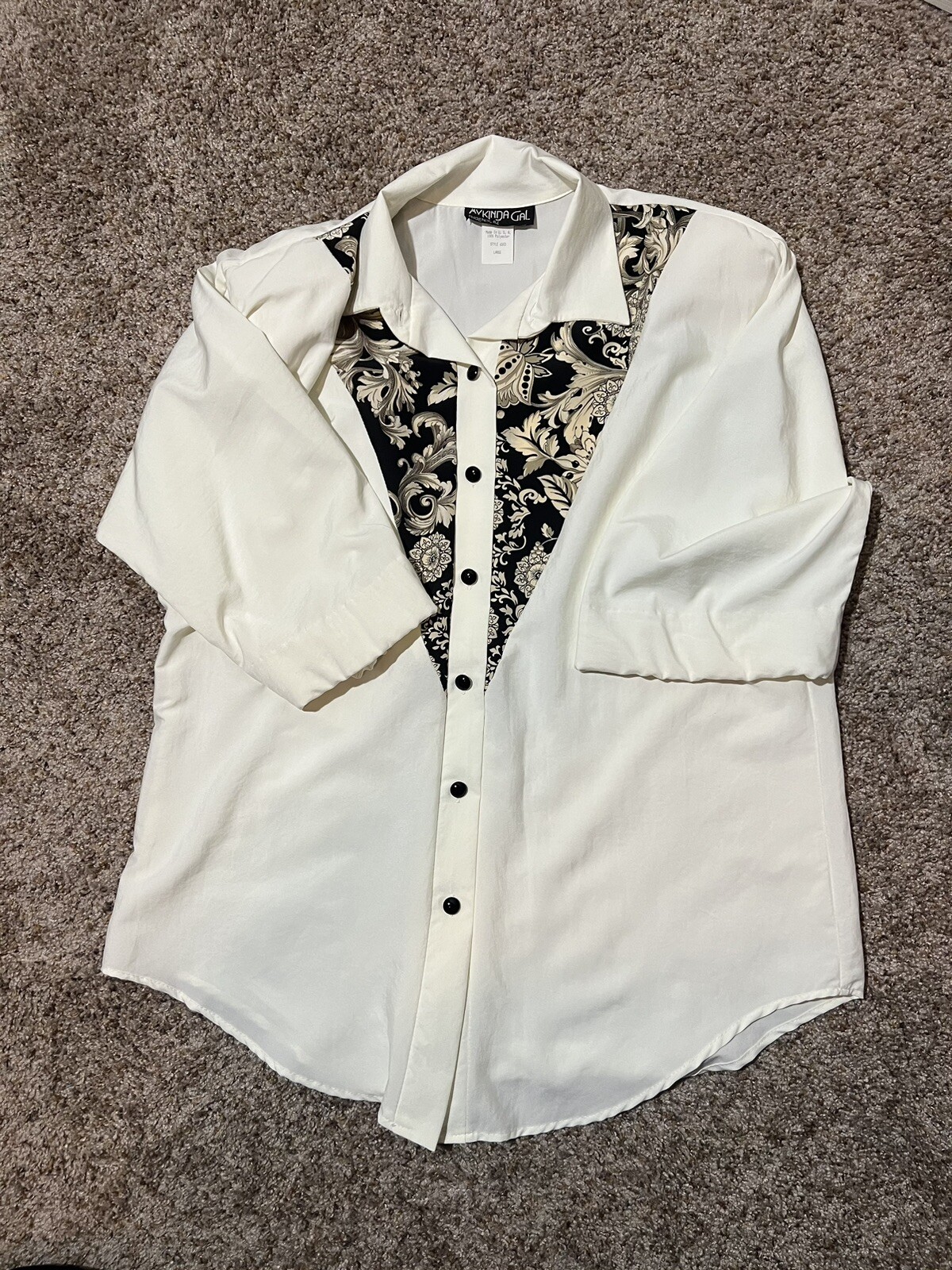 My Kinda Gal VTG Cream Blouse Black Paisley Shoulder Pads Sz L Granny core