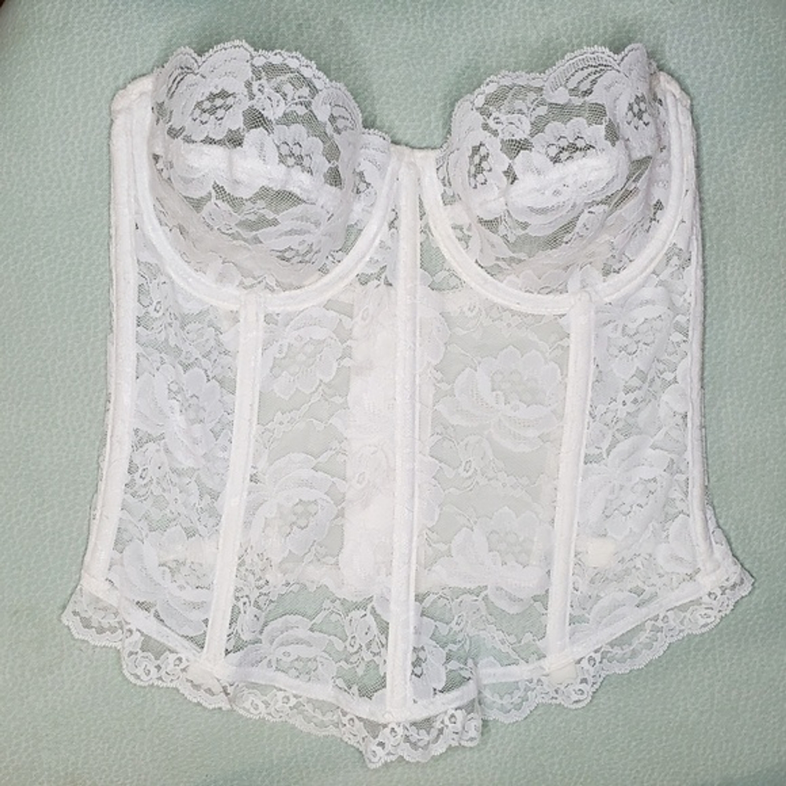 Vintage 90s Jezebel White Lace Lingerie Sheer Bridal Floral Corset Ruffle 34 B