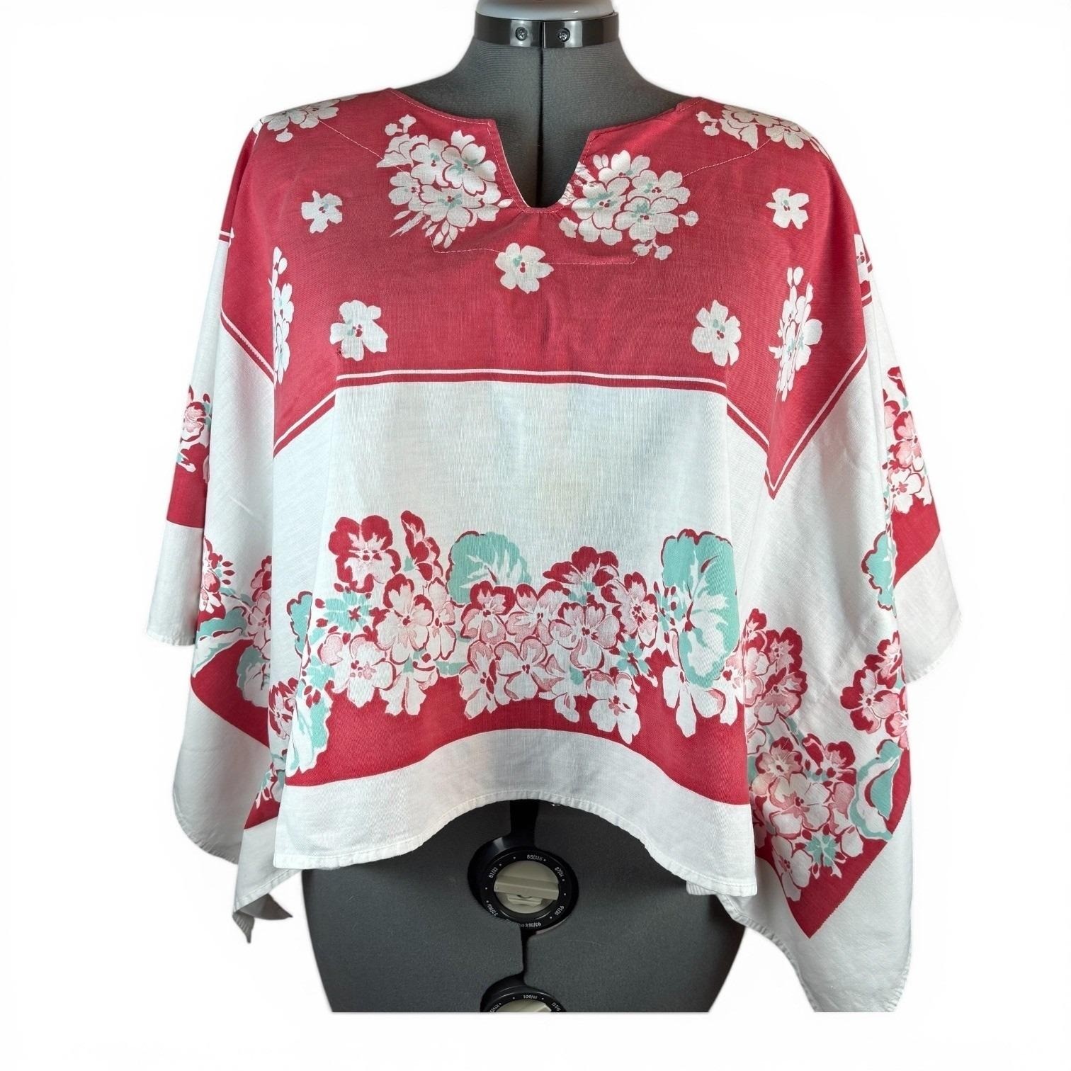 OS Plus Vintage Handmade Floral Tablecloth Caftan Top Red Wht Turquse Split Neck