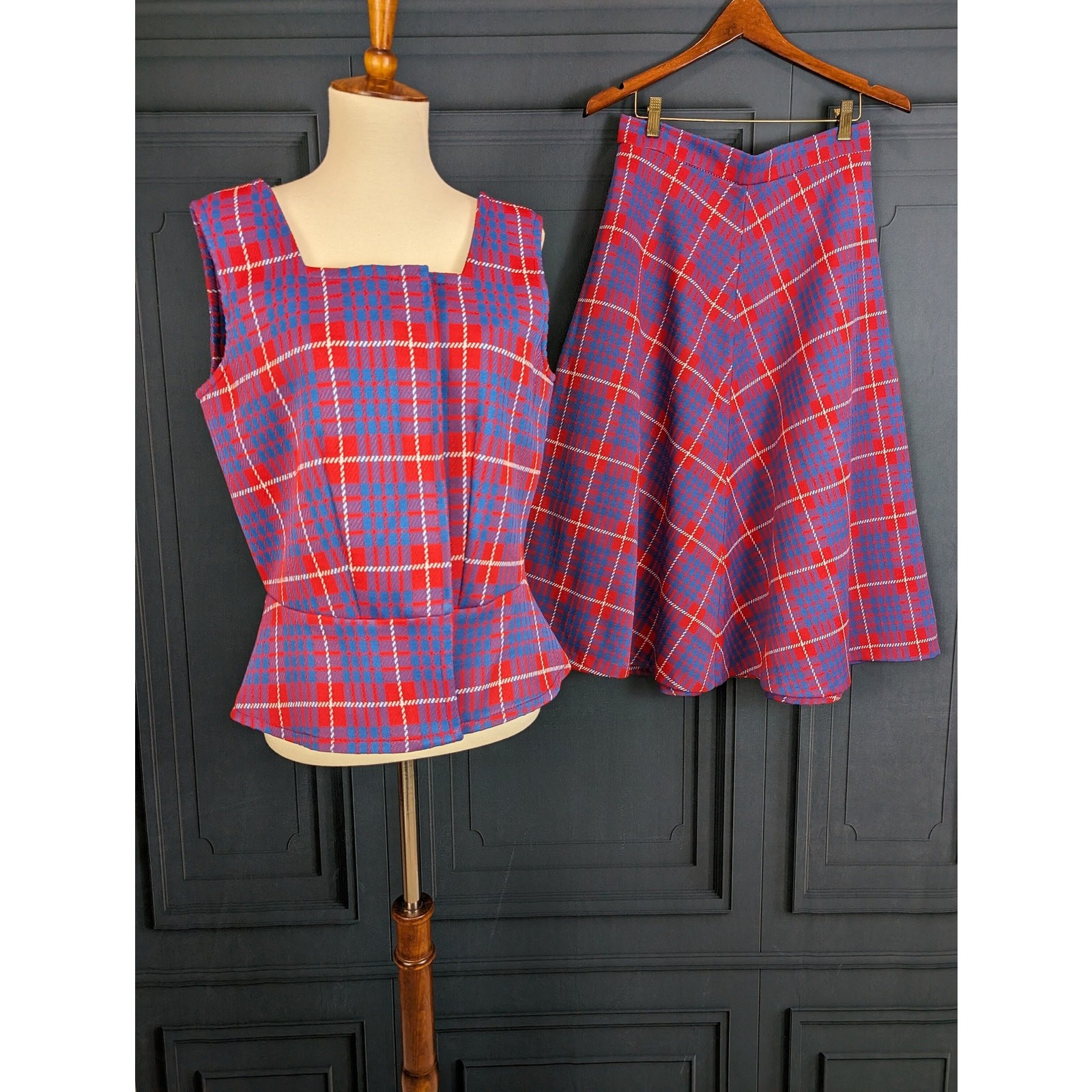 Vintage Mod 2 Piece Plaid Dress Red Blue Plaid Skirt and Vest Shirt Medium Large