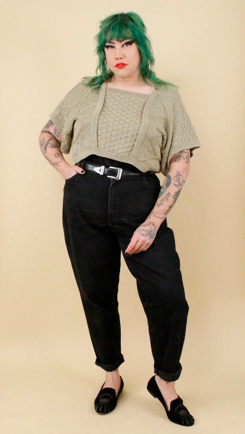 80s Vtg Jeanne Marc Olive Green Knit Cotton & Woven Leather Crop Sweater tag S-L