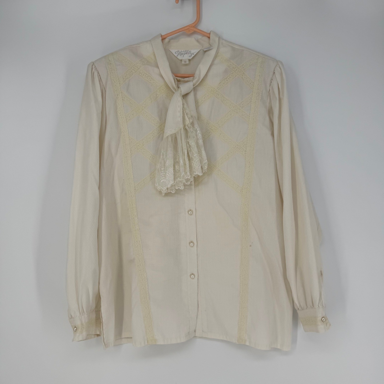 Lady Shapely Blouse Womens 36 Ivory Lace Tie Neck Pearl Button Vintage Victorian