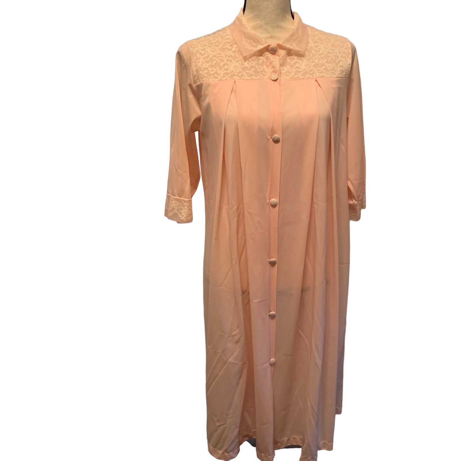 Herson Kickernick Robe Womens Medium Nylon Dusty Pink Lace 1/2 Sleeve Button VTG