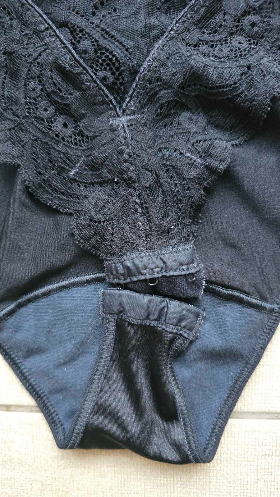 Vintage 80s MISS LEPEL Black Bodysuit Nylon Blend Guipure Inserts. Size 3