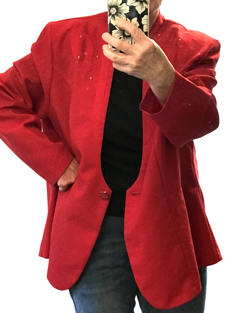 VTG 70s Pride & Joy Blazer, Deep Scoop Neck Red Geometric Print Gold Dots Sz 22W